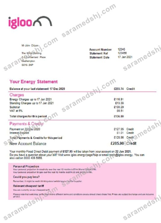 United Kingdom Igloo Energy utility bill template in Word and PDF format